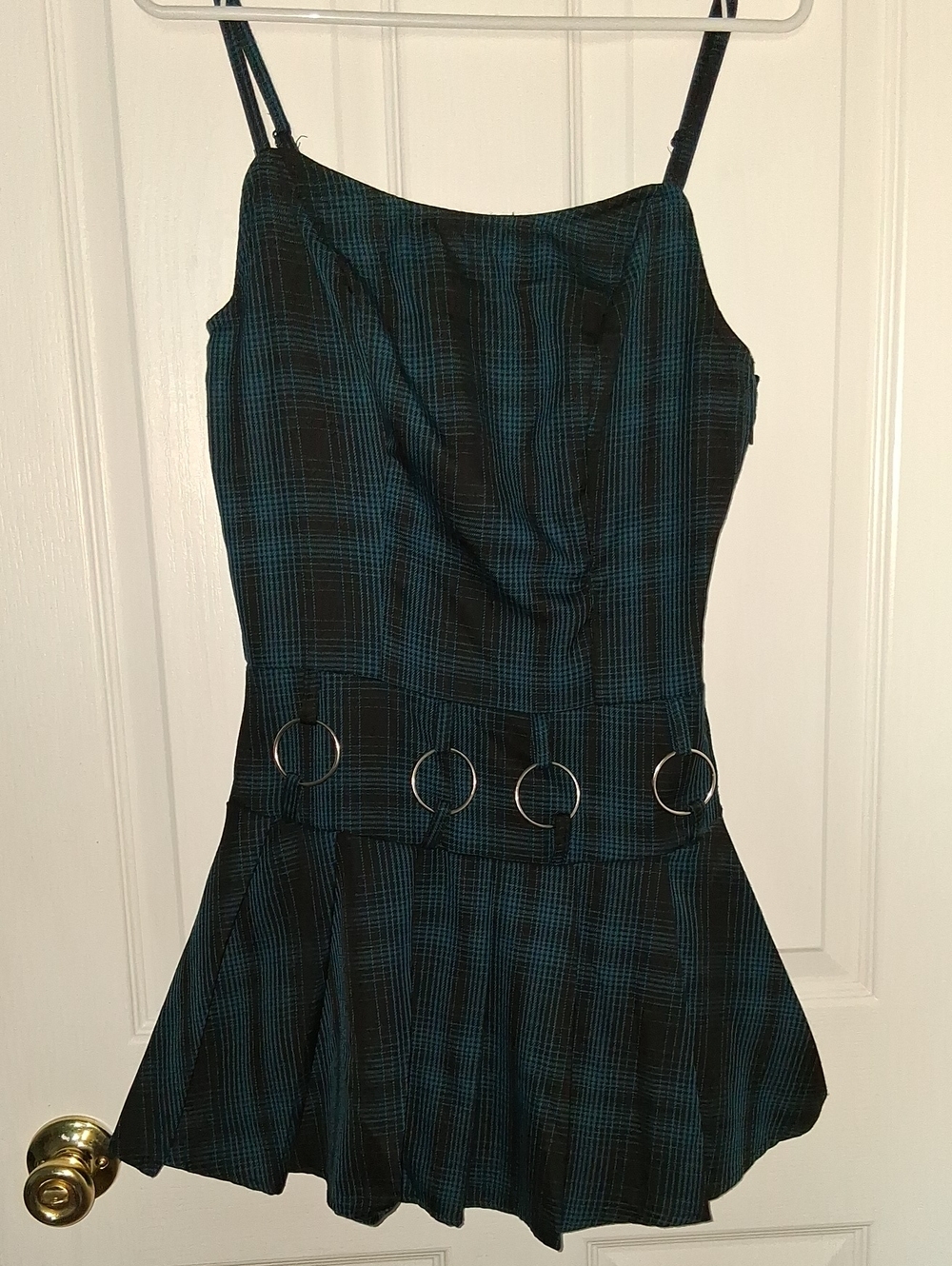 Sleeveless Teal and Black Plaid Mini Dress with Ring-Belt Detail From Hot Topic